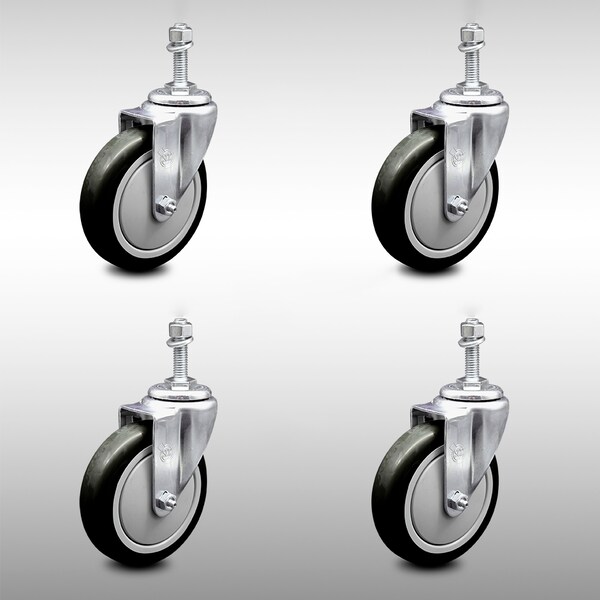 Service Caster 5 Inch SS Black Polyurethane Wheel Swivel 3/8 Inch Threaded Stem Caster Set SCC SCC-SSTS20S514-PPUB-BLK-381615-4 - main